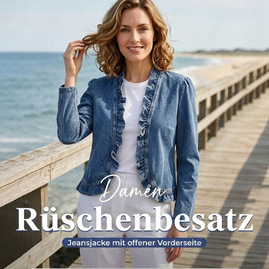 💞ÜBER 50.000 VERKAUFT!👵☀️ 50 % RABATT! Offene Jeansjacke – ohne Knöpfe, leicht an- und auszuziehen. Figurschmeichelnder Rüschenbesatz, atmungsaktives Material. Klassische blaue Waschung. Ein vielseitiges Basic für jede Garderobe. 🌿