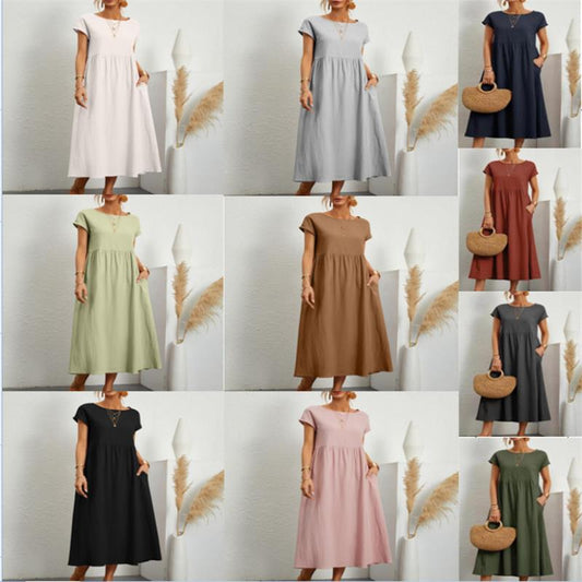 🔥Last Day Sale 50%🔥Summer Fashion Solid Color Cotton Linen Pocket Dress