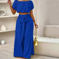 Zweiteiliges Set aus Off-Shoulder-Oberteil mit Puffärmeln und weiten Hosen – Elegant, bequem und perfekt für Sommertage ☀️