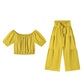 Zweiteiliges Set aus Off-Shoulder-Oberteil mit Puffärmeln und weiten Hosen – Elegant, bequem und perfekt für Sommertage ☀️