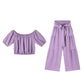 Zweiteiliges Set aus Off-Shoulder-Oberteil mit Puffärmeln und weiten Hosen – Elegant, bequem und perfekt für Sommertage ☀️