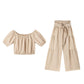 Zweiteiliges Set aus Off-Shoulder-Oberteil mit Puffärmeln und weiten Hosen – Elegant, bequem und perfekt für Sommertage ☀️