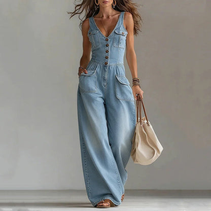 👖 LIMITED-TIME 40% OFF! 💥 Women's Denim Jumpsuit – Button-Front, Wide-Leg, Cotton Blend ✨