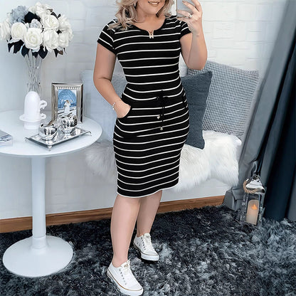 Gestreiftes Sommerkleid für Damen mit Taschen