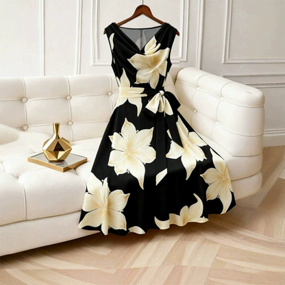 👗✨ 40% RABATT! Figurbetonendes A-Linien Blumenkleid – Sommerliches ärmelloses Midi-Kleid mit Taillenband für den perfekten Auftritt 🌸