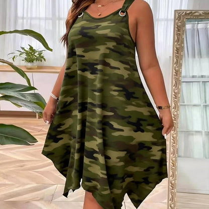 👗 40% RABATT! 🌿 Damen ärmelloses Kleid mit asymmetrischem Saum im Camouflage-Look – Locker, frech & perfekt für einen lässigen Streetwear-Look ✨