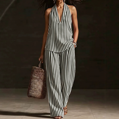 👗 NUR FÜR BEGRENZTE ZEIT: 40 % RABATT! ✨ Set aus gestreiftem Neckholder-Top und Hose – schick, luftig, perfekt für den Urlaub 🌊
