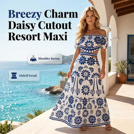 📢📢40% OFF !! ⏰Women’s Off-the-Shoulder Waist Cutout Daisy Printed Resort Dress