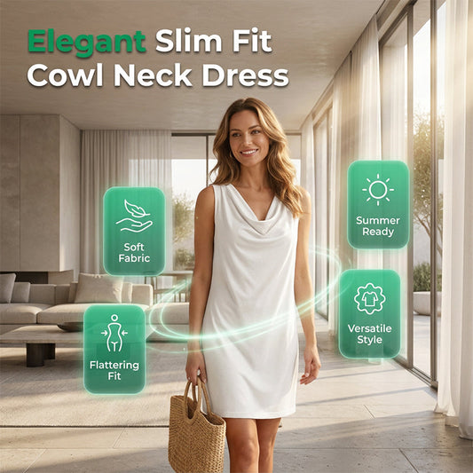 📢📢50% OFF !! ⏰ Elegant Slim Fit Cowl Neck Dress – Sleeveless, Side Pockets, Versatile ✨